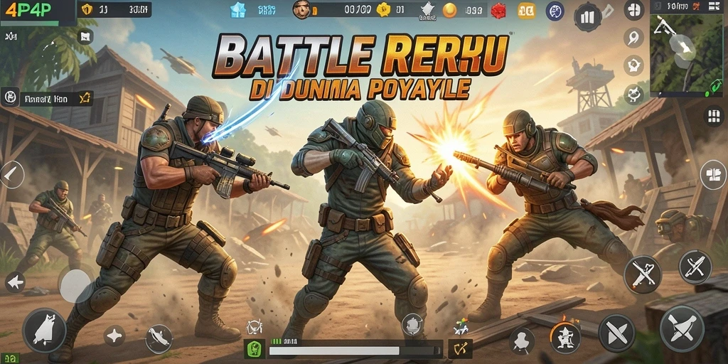 Screenshot gameplay 4P4P dengan aksi tembak-menembak yang mendebarkan di medan perang.