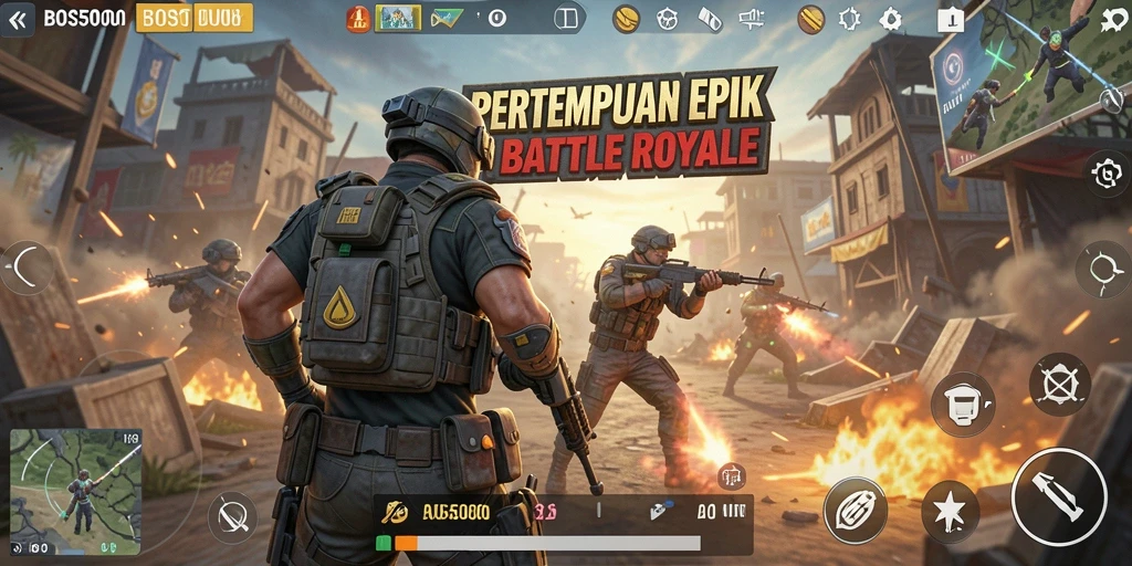 Screenshot pertempuran seru di BOS5000 menampilkan pemain bertarung di arena Battle Royale.