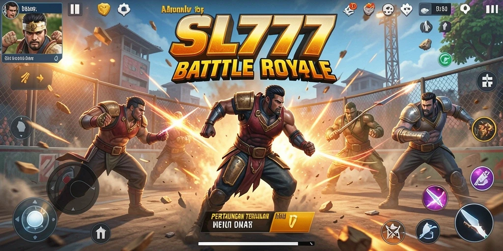 Tangkapan layar utama SL777 menampilkan aksi pertarungan Battle Royale yang menegangkan.