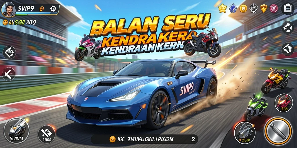 Screenshot gameplay SVIP9 menunjukkan balapan yang mendebarkan dan kendaraan bertenaga.
