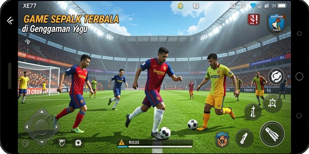 Screenshot XE77 menampilkan aksi seru dalam permainan sepak bola.